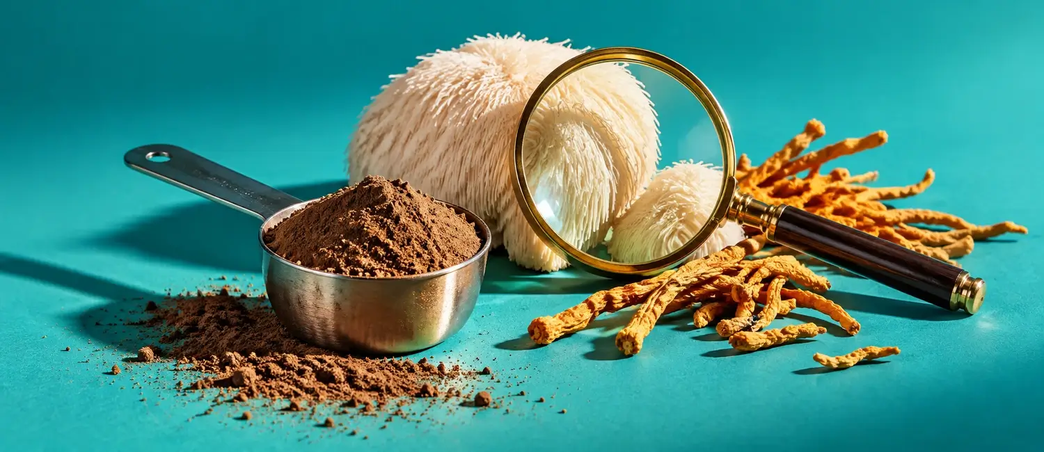 Misurino di polvere e lente d'ingrandimento sopra lion's mane e cordyceps essiccati su fondo turchese