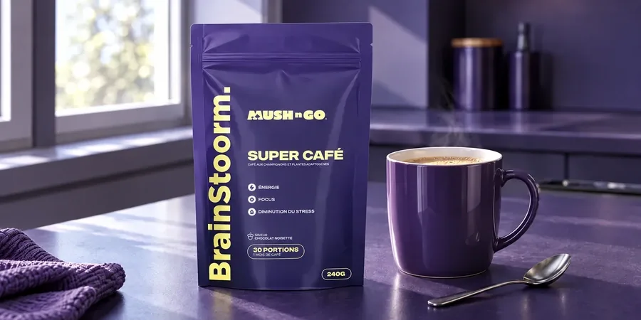 Brainstoorm di Mush N Go pronto da preparare: confezione, tazza viola e cucchiaino accanto alla finestra della cucina