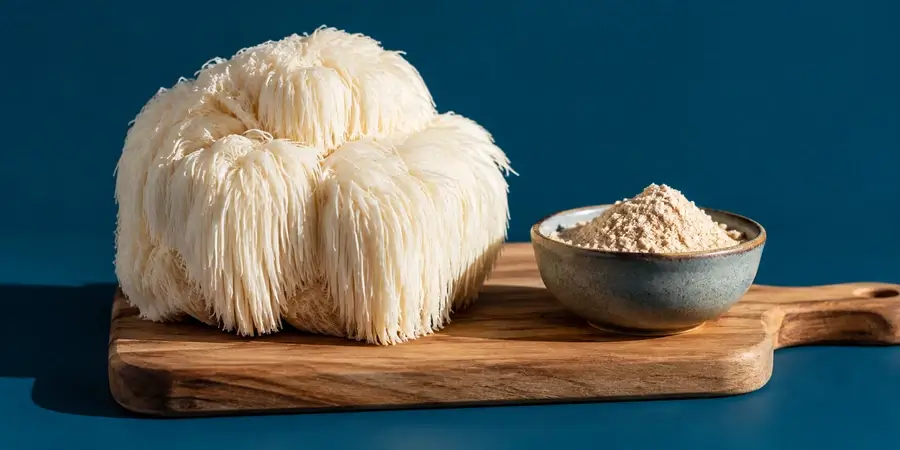 Corpo fruttifero di lion's mane su un tagliere di legno con una ciotolina di polvere chiara, su fondo blu petrolio