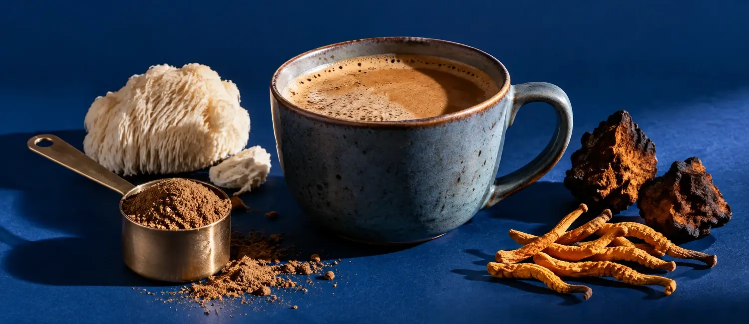 Tazza di caffè ai funghi, misurino di polvere e funghi essiccati su fondo blu notte