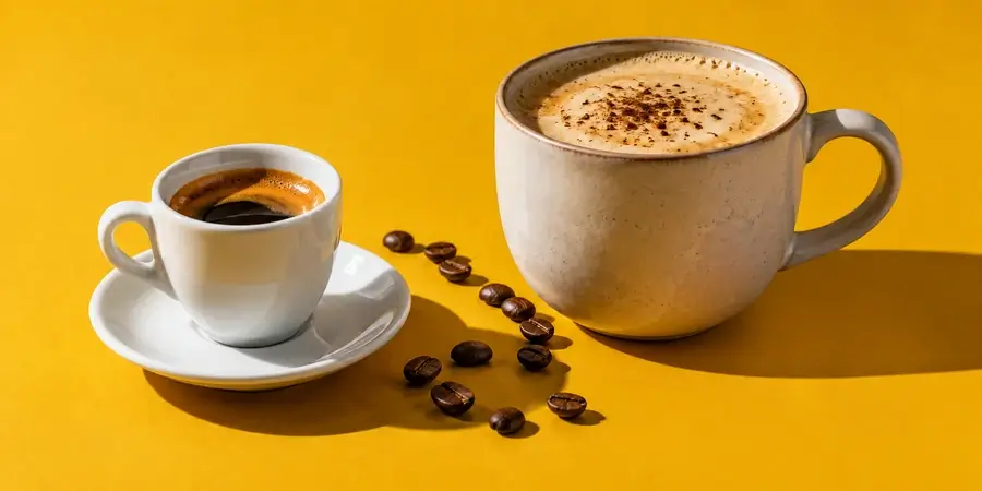 Una tazzina di espresso accanto a una tazza grande di bevanda ai funghi, con chicchi di caffè sparsi su fondo giallo senape