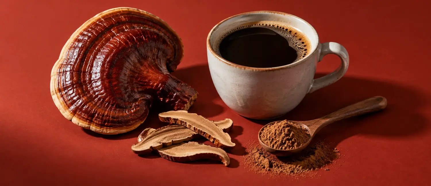 Fungo reishi essiccato dalla superficie lucida accanto a una tazza di caffè scuro su fondo rosso mattone