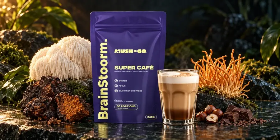 Confezione di Brainstoorm di Mush N Go accanto a lion's mane, chaga e cordyceps, i tre funghi della sua ricetta, che non contiene reishi