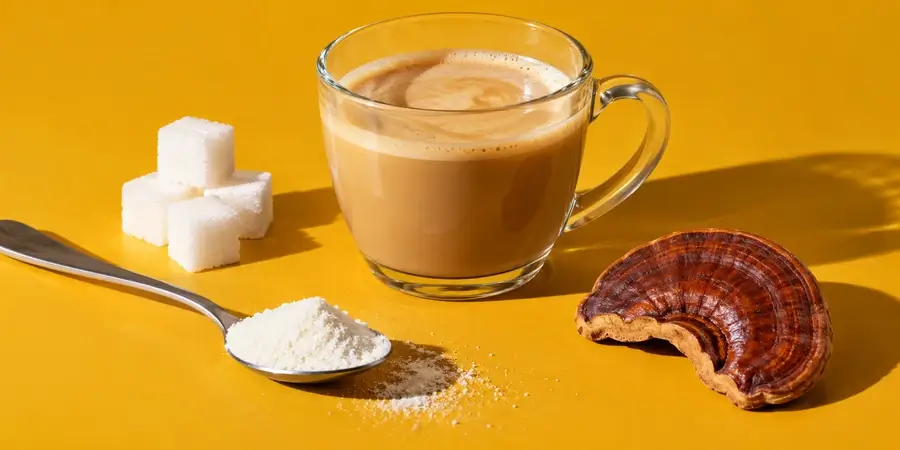 Tazza di vetro con caffè chiaro, zollette di zucchero, un cucchiaio di polvere bianca e un piccolo reishi essiccato su fondo giallo senape