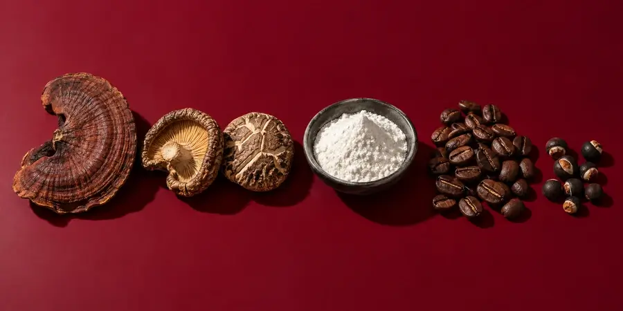 Funghi essiccati, ciotolina di polvere bianca, chicchi di robusta e semi di guaranà in fila su fondo bordeaux