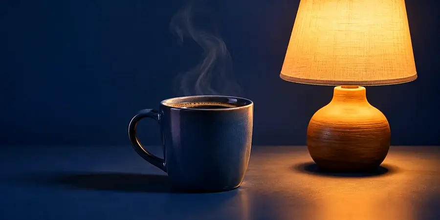 Tazza fumante accanto a una lampada da comodino accesa su fondo blu notte