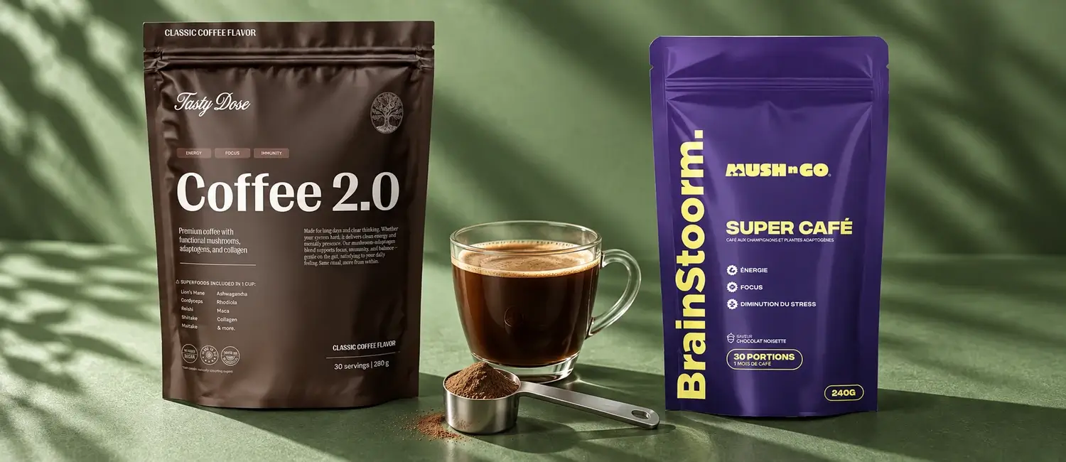 Busta di Coffee 2.0 e busta di Brainstoorm di Mush N Go ai lati di una tazza di vetro di bevanda scura, con un misurino di polvere, su fondo verde salvia