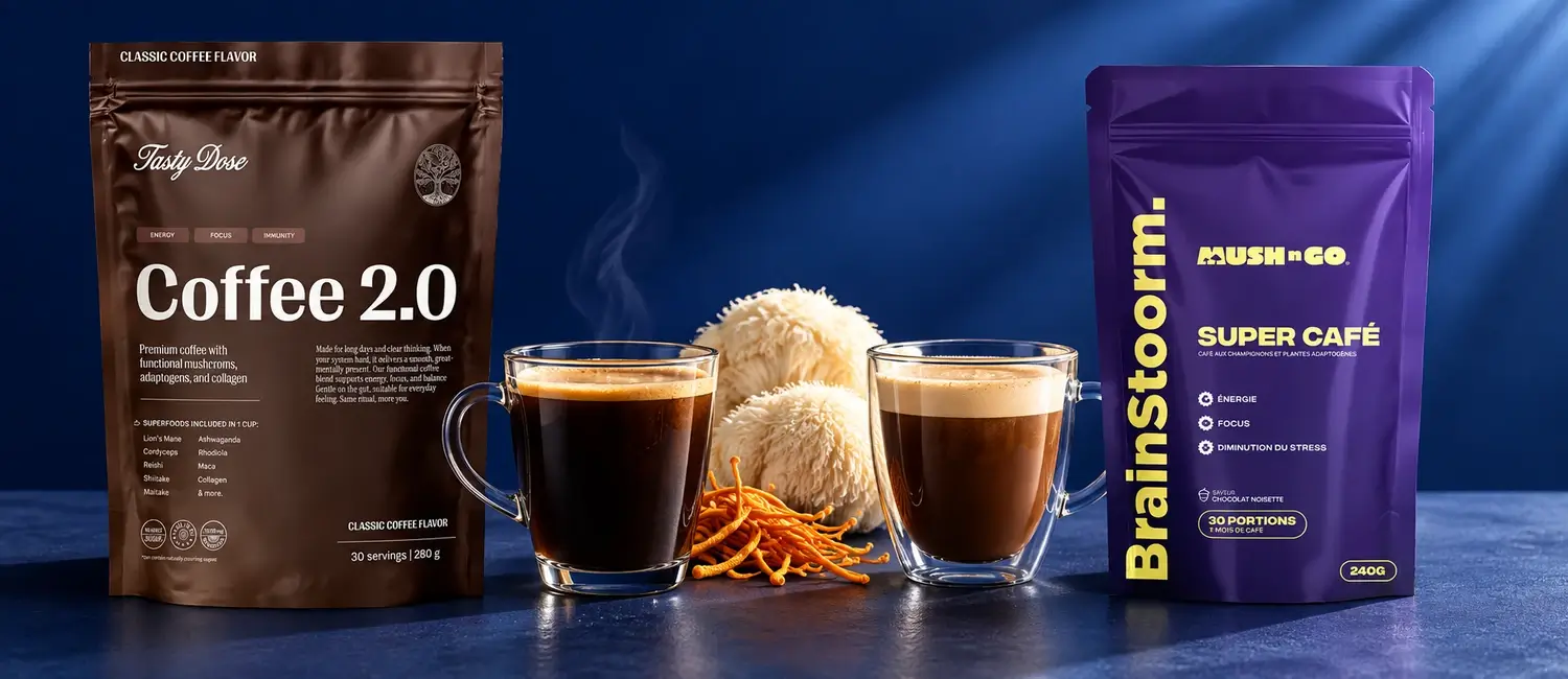 Busta di Coffee 2.0 di Tasty Dose e busta di Brainstoorm di Mush N Go alle due estremità, con due tazze di bevanda scura, lion's mane e cordyceps al centro, su fondo blu notte
