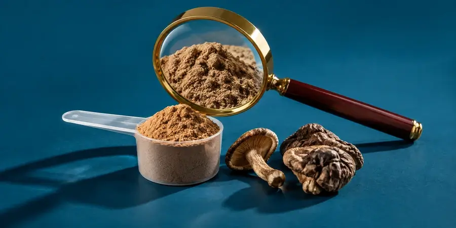 Lente d'ingrandimento sopra un misurino di polvere e alcuni funghi essiccati su fondo blu petrolio