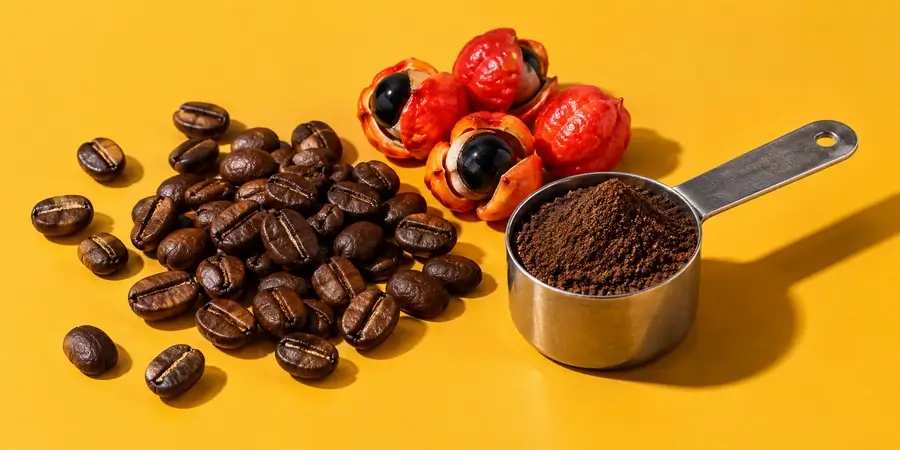 Chicchi di caffè robusta tostati e frutti rossi di guaranà aperti sui semi neri, accanto a un misurino di polvere scura su fondo giallo senape