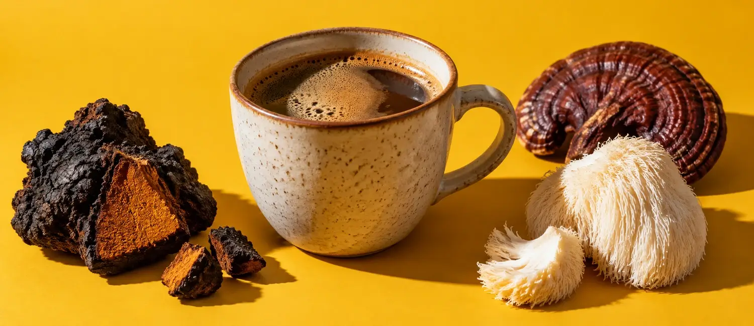 Tazza di caffè ai funghi tra chaga, reishi e lion's mane essiccati su fondo giallo senape