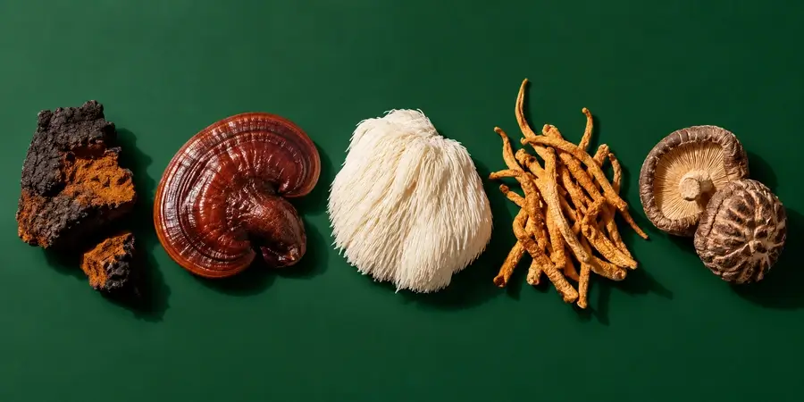 Funghi essiccati di specie diverse, chaga, reishi, lion's mane, cordyceps e shiitake, allineati su fondo verde bosco