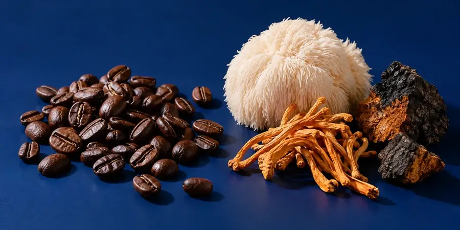 Chicchi di caffè arabica accanto a lion's mane, cordyceps e chaga essiccati su fondo blu notte