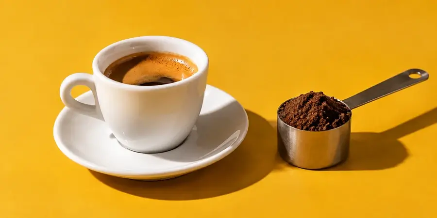 Tazzina di espresso piena accanto a un misurino di polvere scura su fondo giallo senape