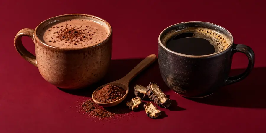 Una tazza di bevanda al cacao e una di caffè nero, con un cucchiaio di cicoria tostata in polvere tra le due, su fondo bordeaux